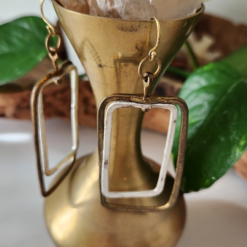 Rustic Gold And Silver Rectangular Earrings - image 3